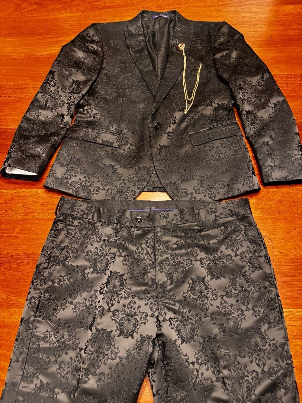 42 S Retro Paris 3 Piece Suit Black Jacquard Floral Wedding Prom Crazy